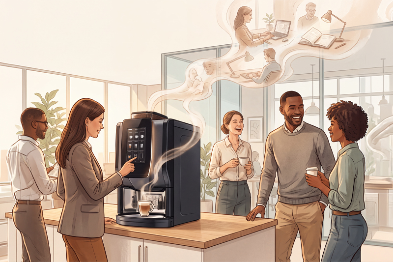 Wie verbinden Kaffeevollautomaten Remote und Office? Entdecken Sie analoge Pausenrituale für hybride Teams und stärken Sie den Austausch im Büro.
