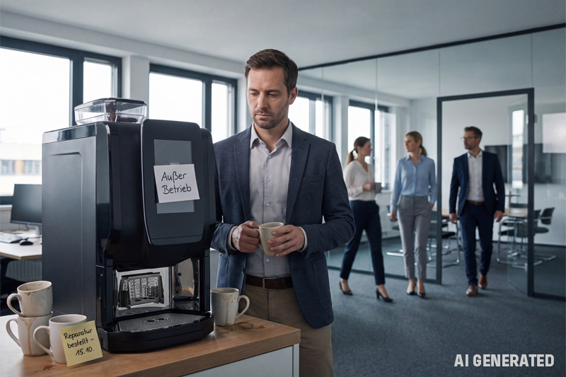 Quiet Quitting: Warum Kaffee- und Wasserkultur über Motivation im Büro mitentscheidet Mitarbeiter steht resigniert vor einer defekten Kaffeemaschine, während der Büroalltag im Hintergrund weiterläuft